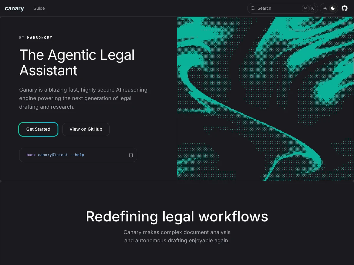 The Canary landing page: the headline 'The Agentic Legal Assistant' beside a dithered teal field.